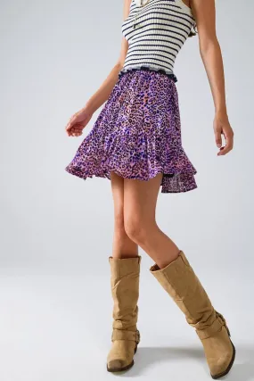 Animal Print Purple Mini Skirt with Ruffle