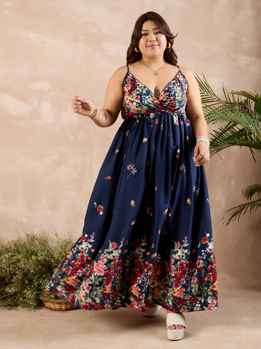 Berrylush Curve Women Navy Blue Floral Print Shoulder Straps Maxi Dress