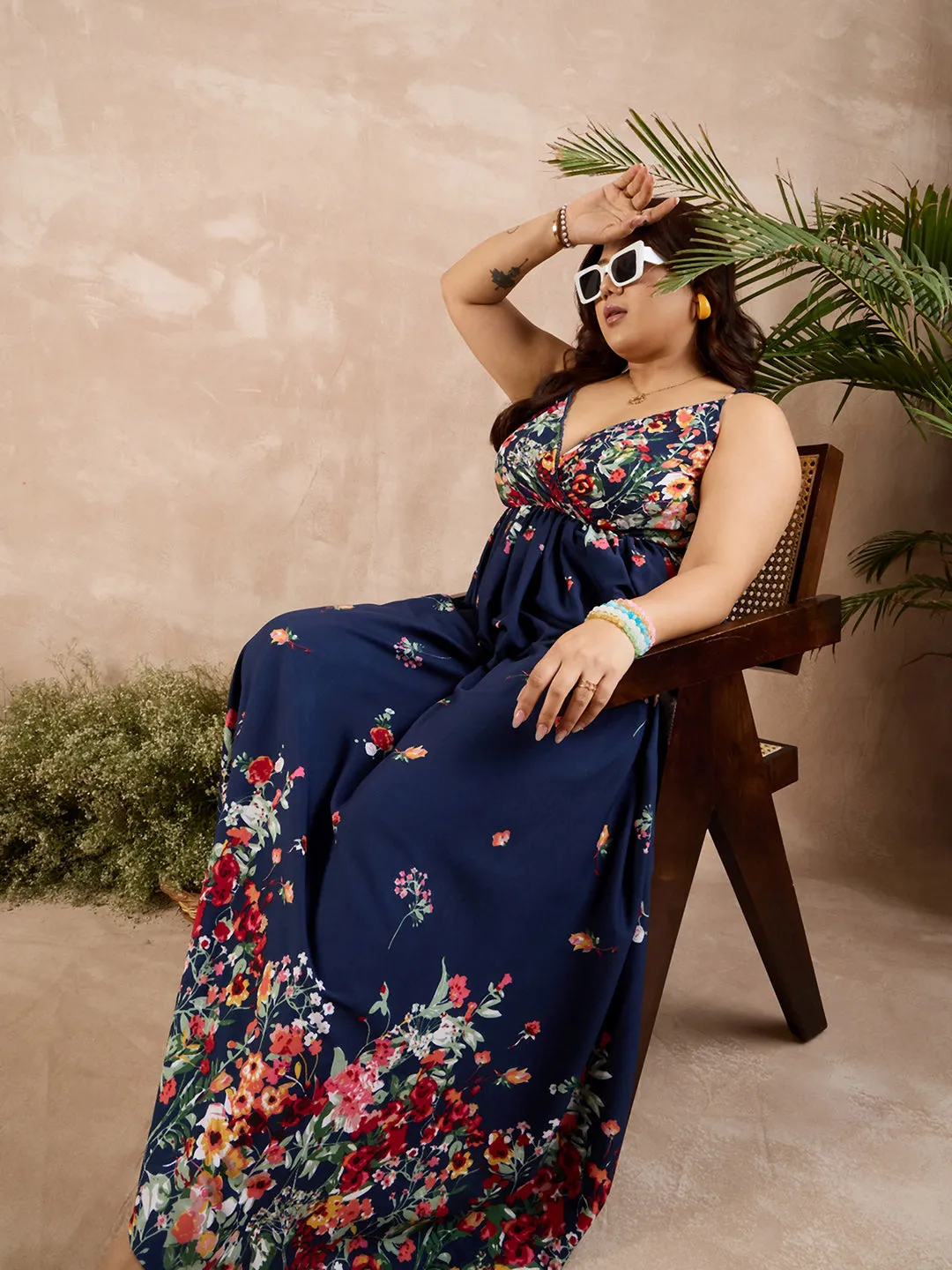 Berrylush Curve Women Navy Blue Floral Print Shoulder Straps Maxi Dress