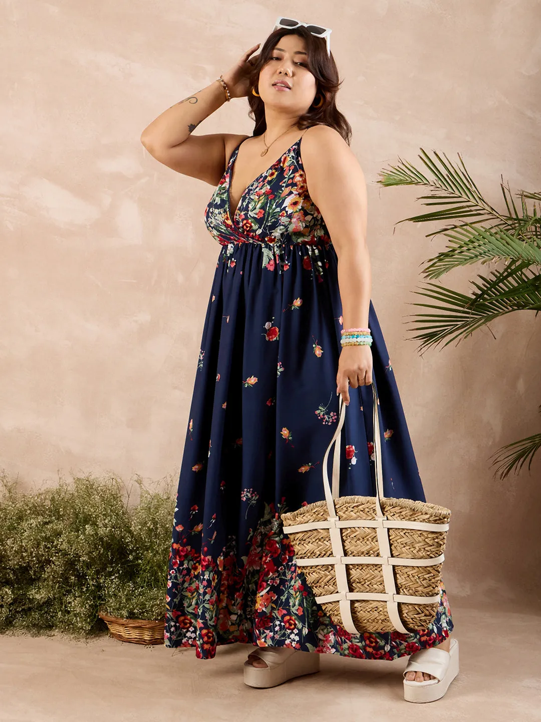 Berrylush Curve Women Navy Blue Floral Print Shoulder Straps Maxi Dress