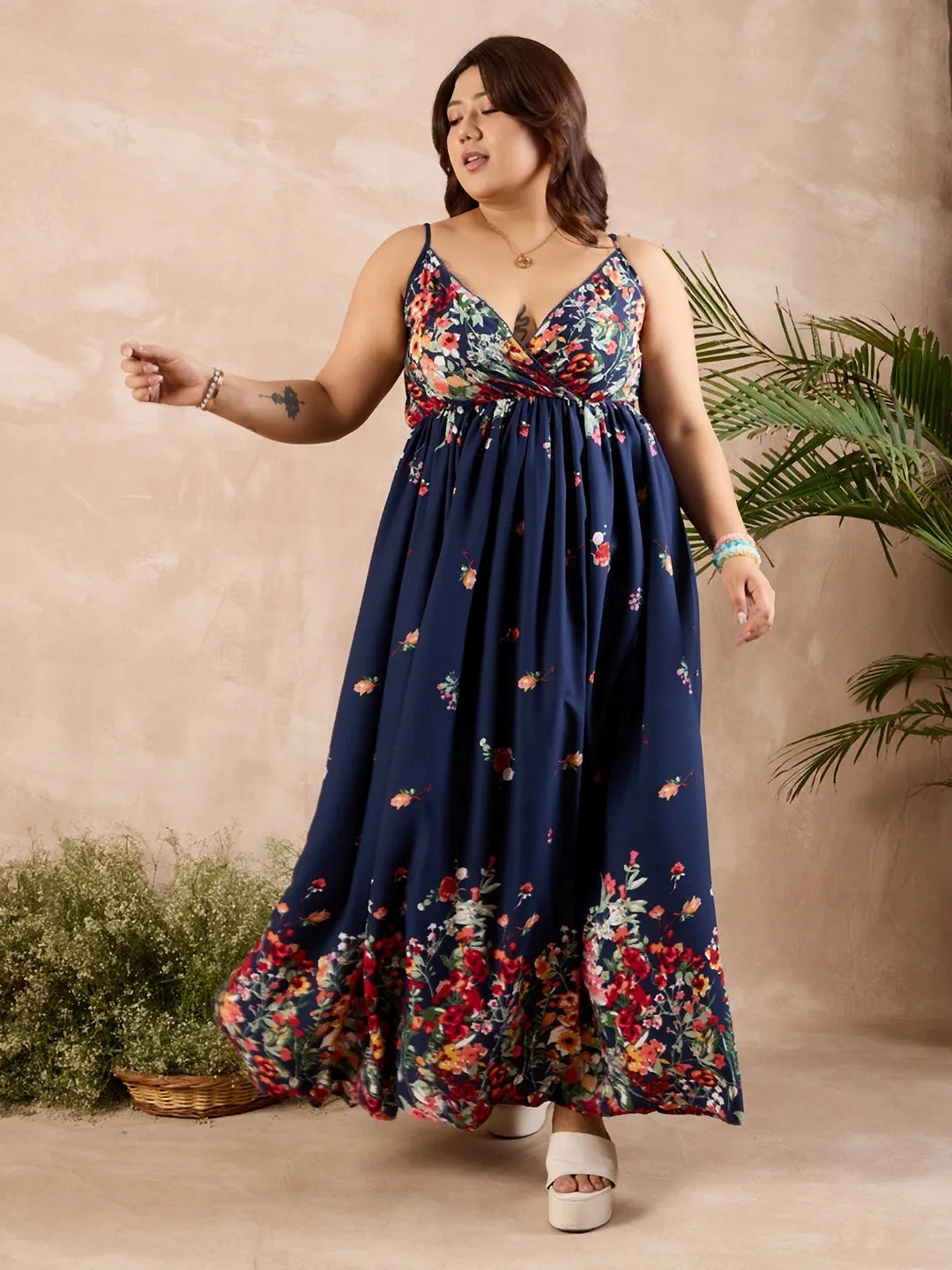 Berrylush Curve Women Navy Blue Floral Print Shoulder Straps Maxi Dress