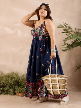 Berrylush Curve Women Navy Blue Floral Print Shoulder Straps Maxi Dress