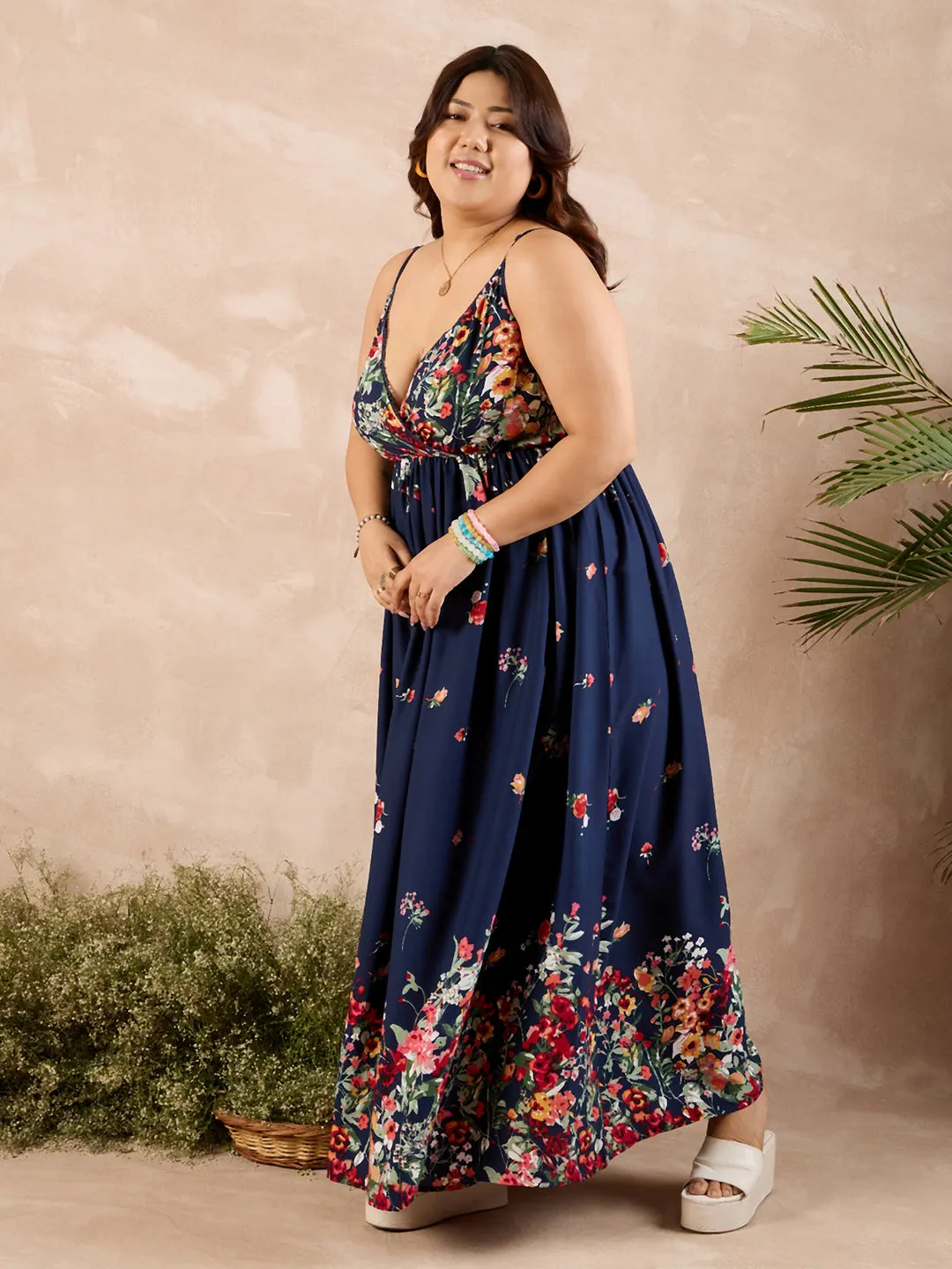 Berrylush Curve Women Navy Blue Floral Print Shoulder Straps Maxi Dress