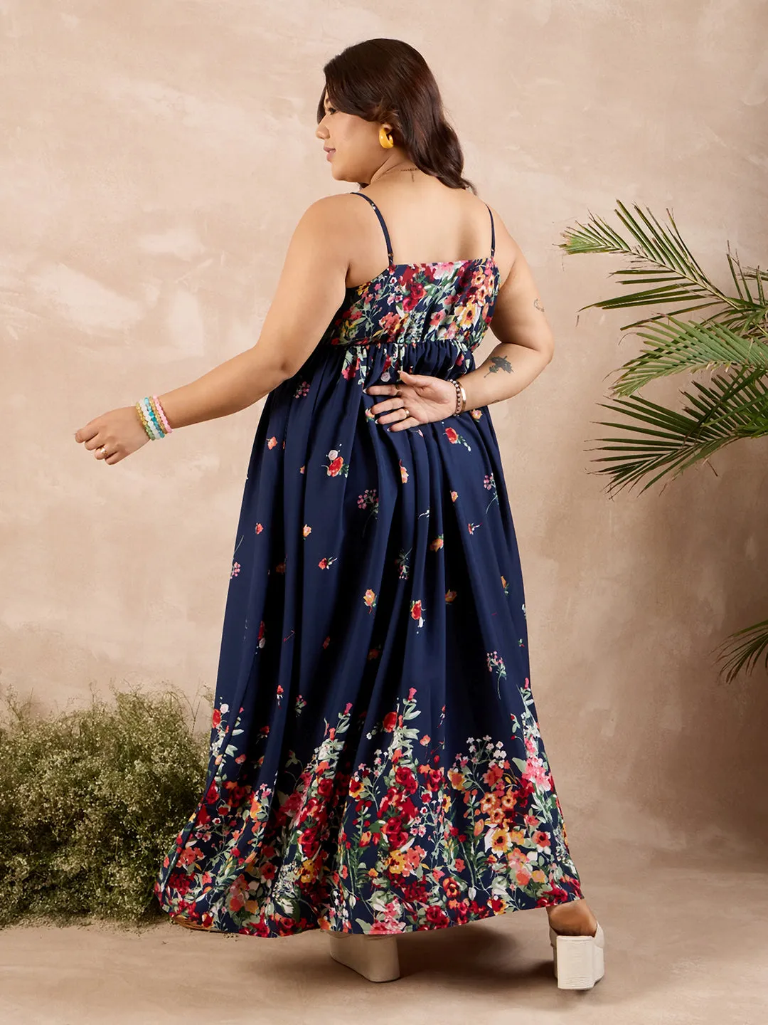Berrylush Curve Women Navy Blue Floral Print Shoulder Straps Maxi Dress
