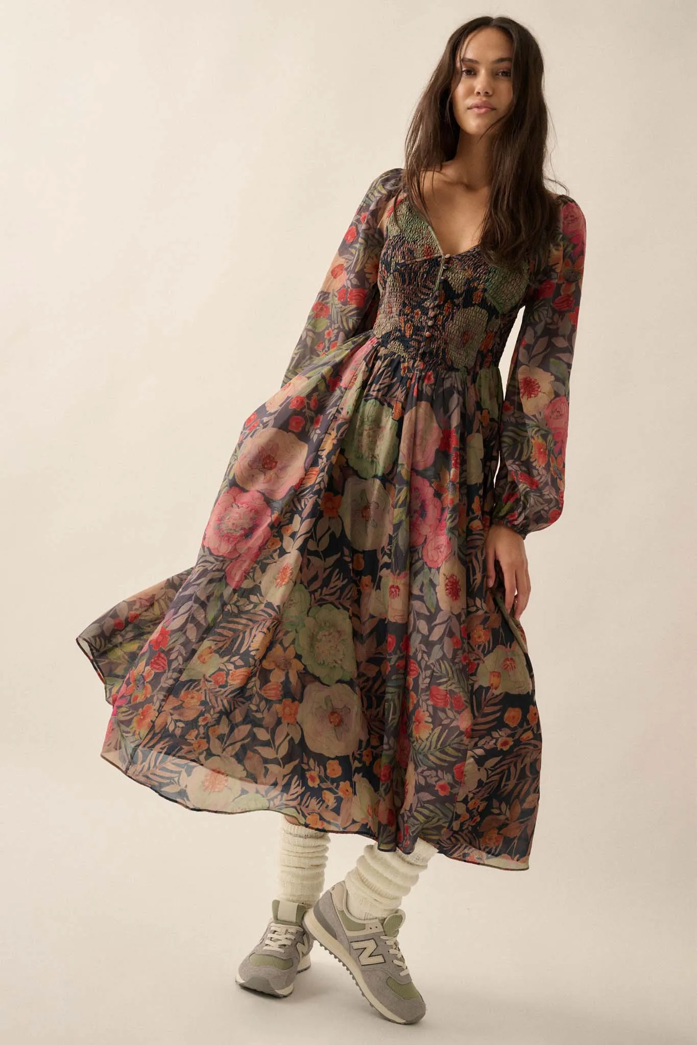 Boho Bouquet Smocked Floral Maxi Peasant Dress