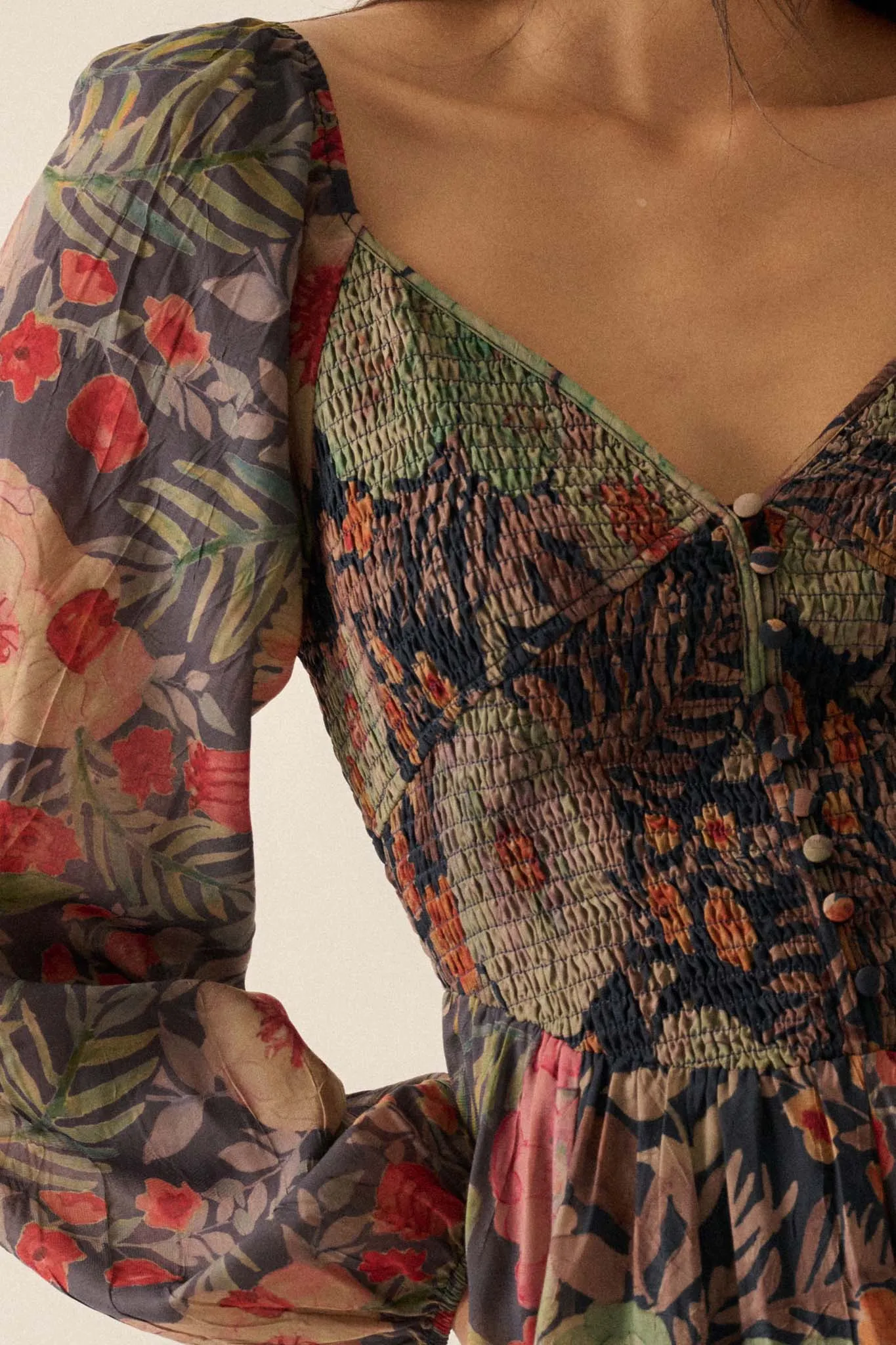 Boho Bouquet Smocked Floral Maxi Peasant Dress