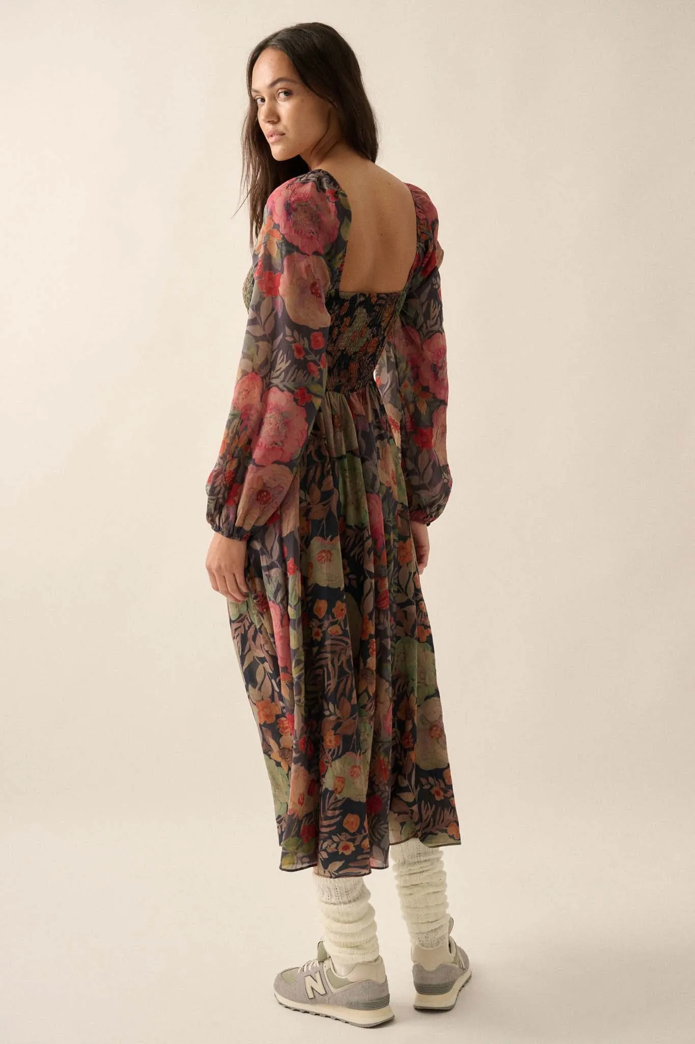 Boho Bouquet Smocked Floral Maxi Peasant Dress