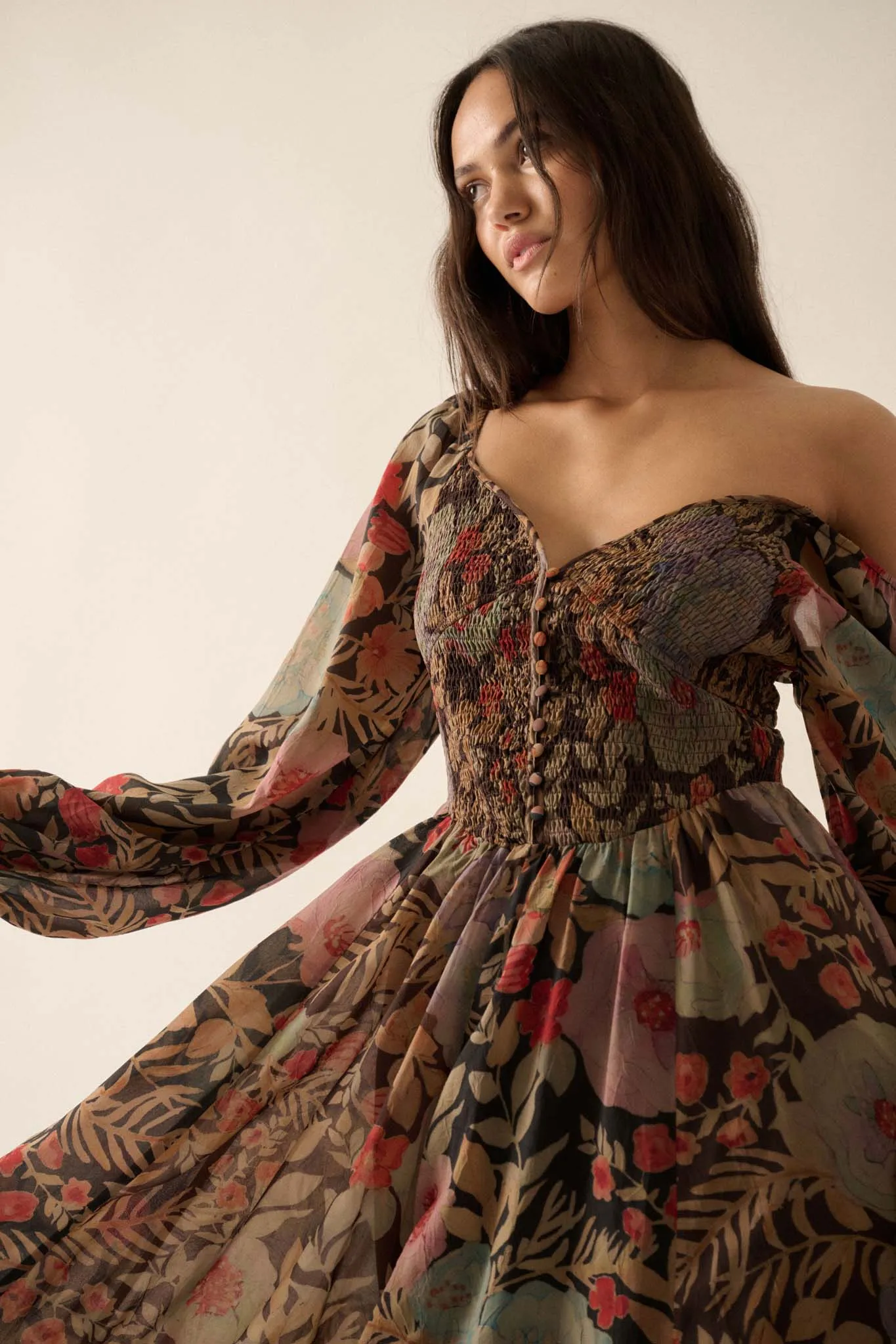 Boho Bouquet Smocked Floral Maxi Peasant Dress