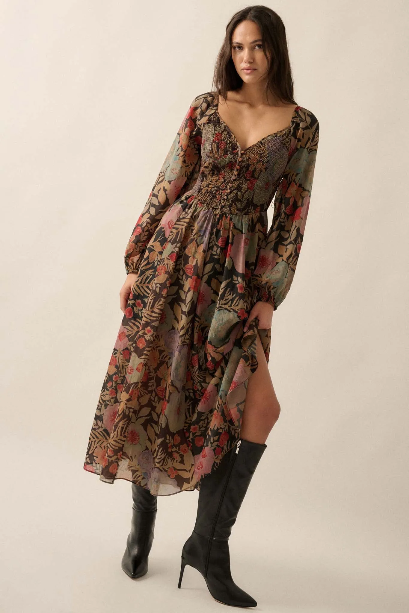 Boho Bouquet Smocked Floral Maxi Peasant Dress