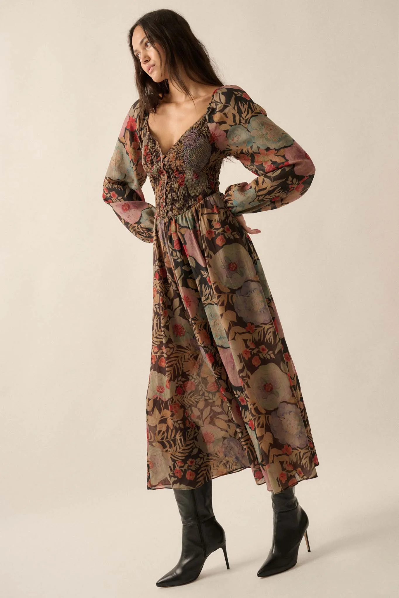 Boho Bouquet Smocked Floral Maxi Peasant Dress