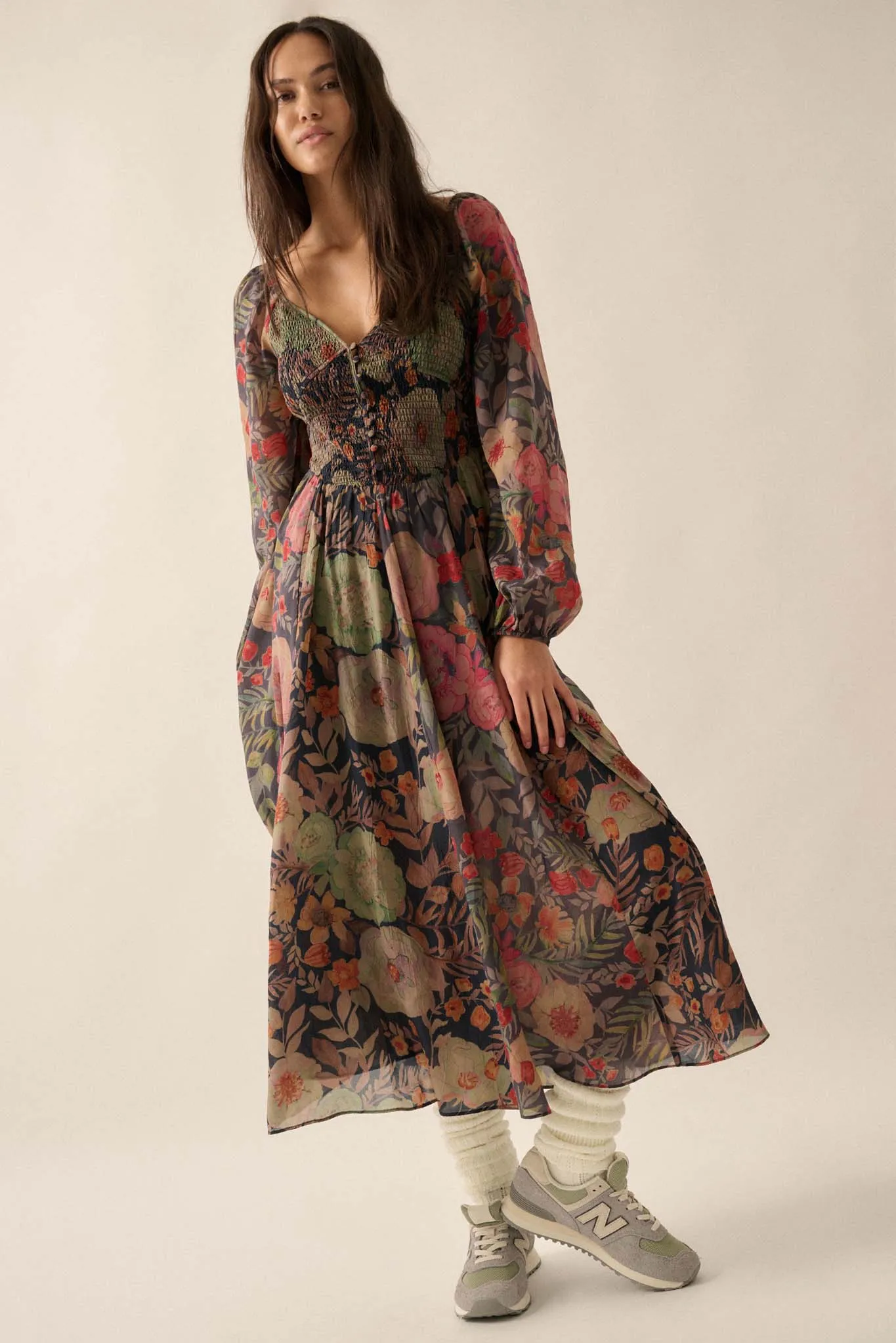 Boho Bouquet Smocked Floral Maxi Peasant Dress