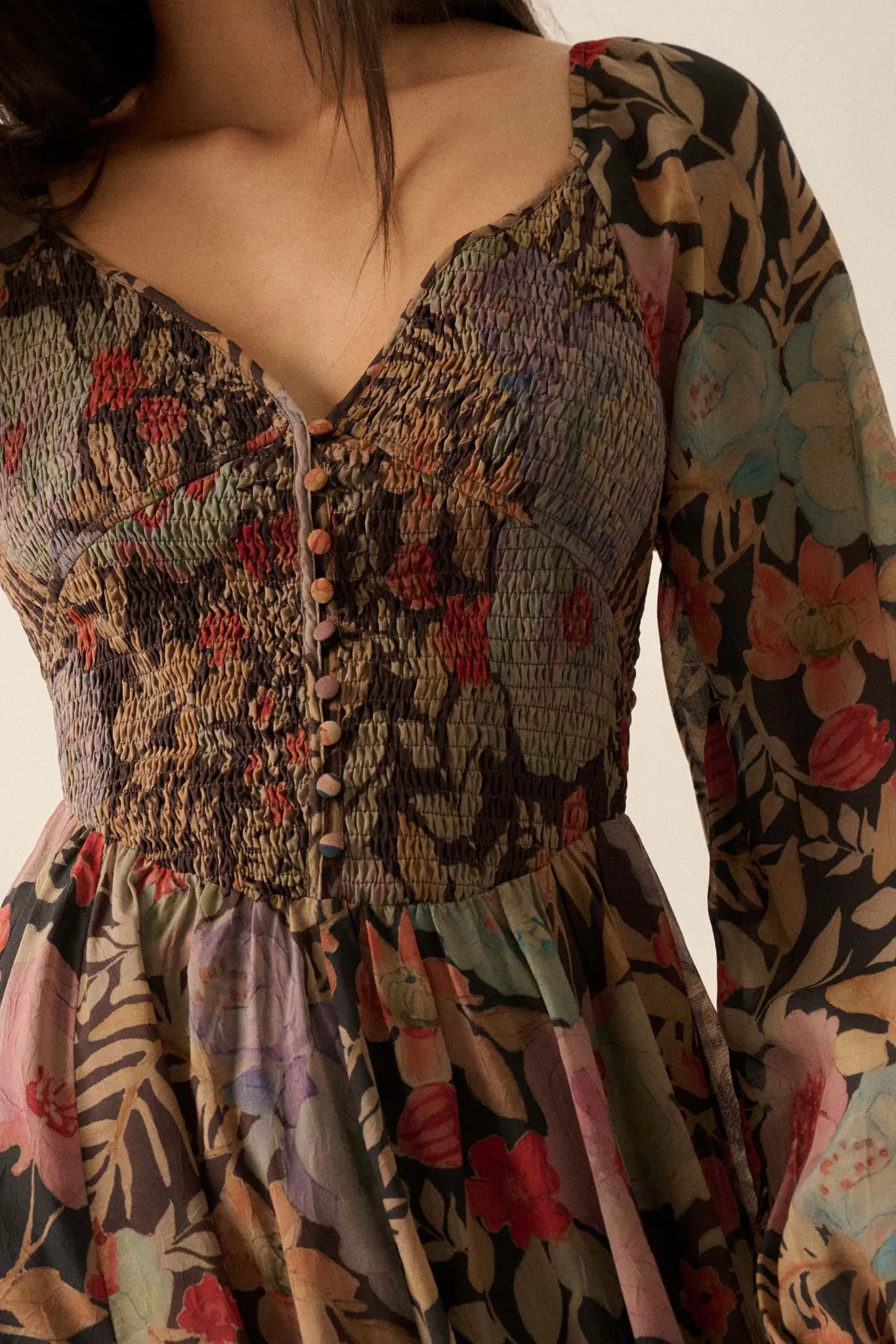 Boho Bouquet Smocked Floral Maxi Peasant Dress