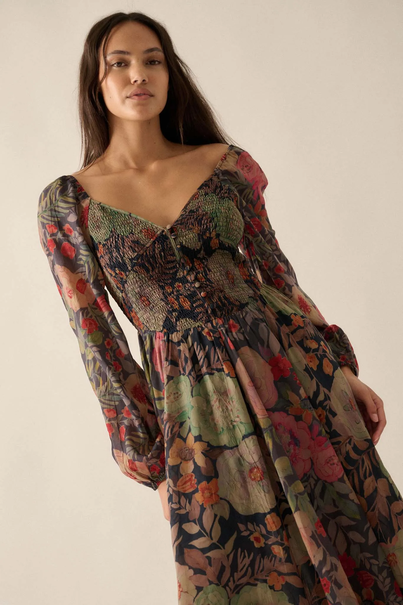 Boho Bouquet Smocked Floral Maxi Peasant Dress