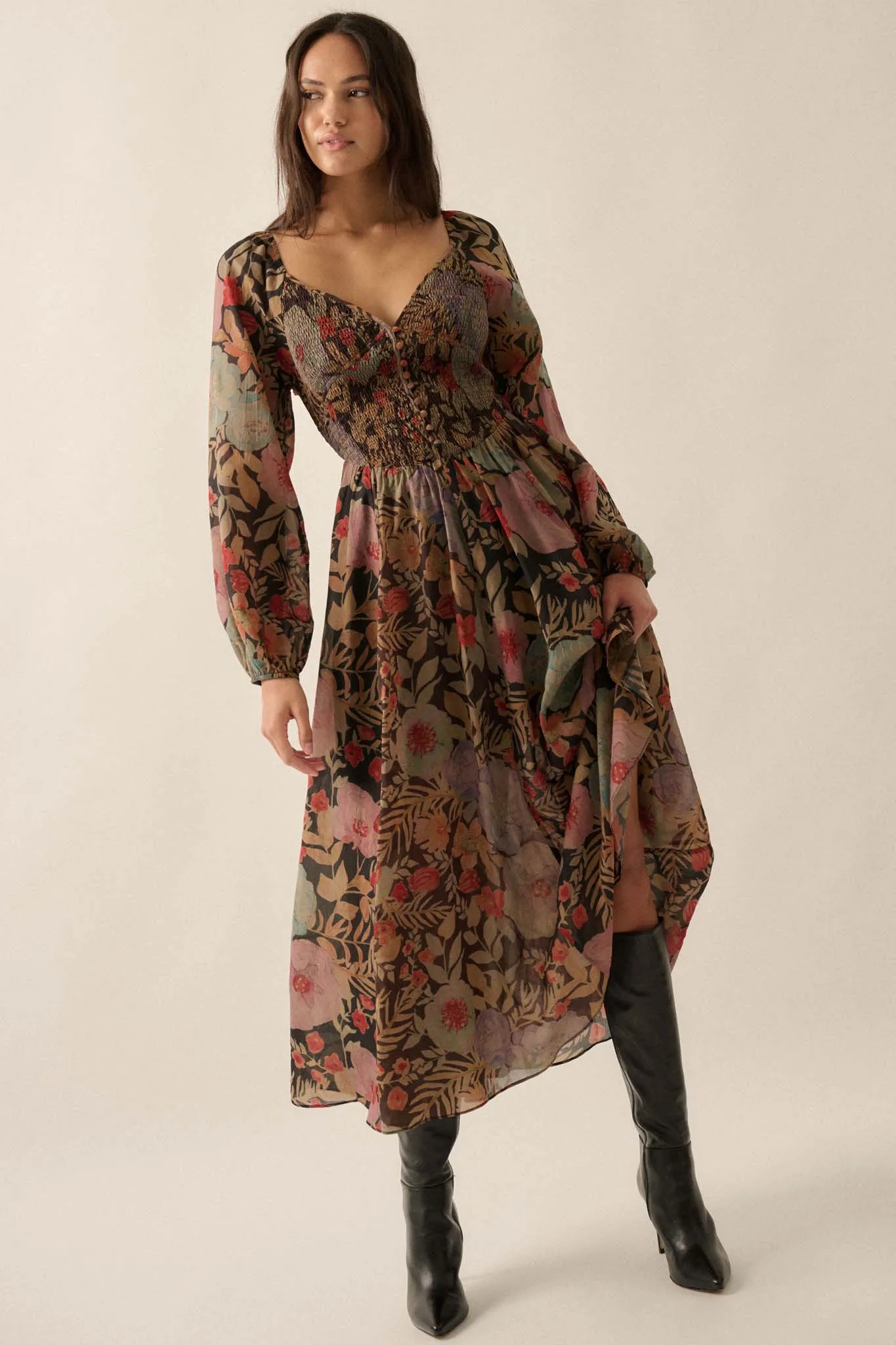 Boho Bouquet Smocked Floral Maxi Peasant Dress
