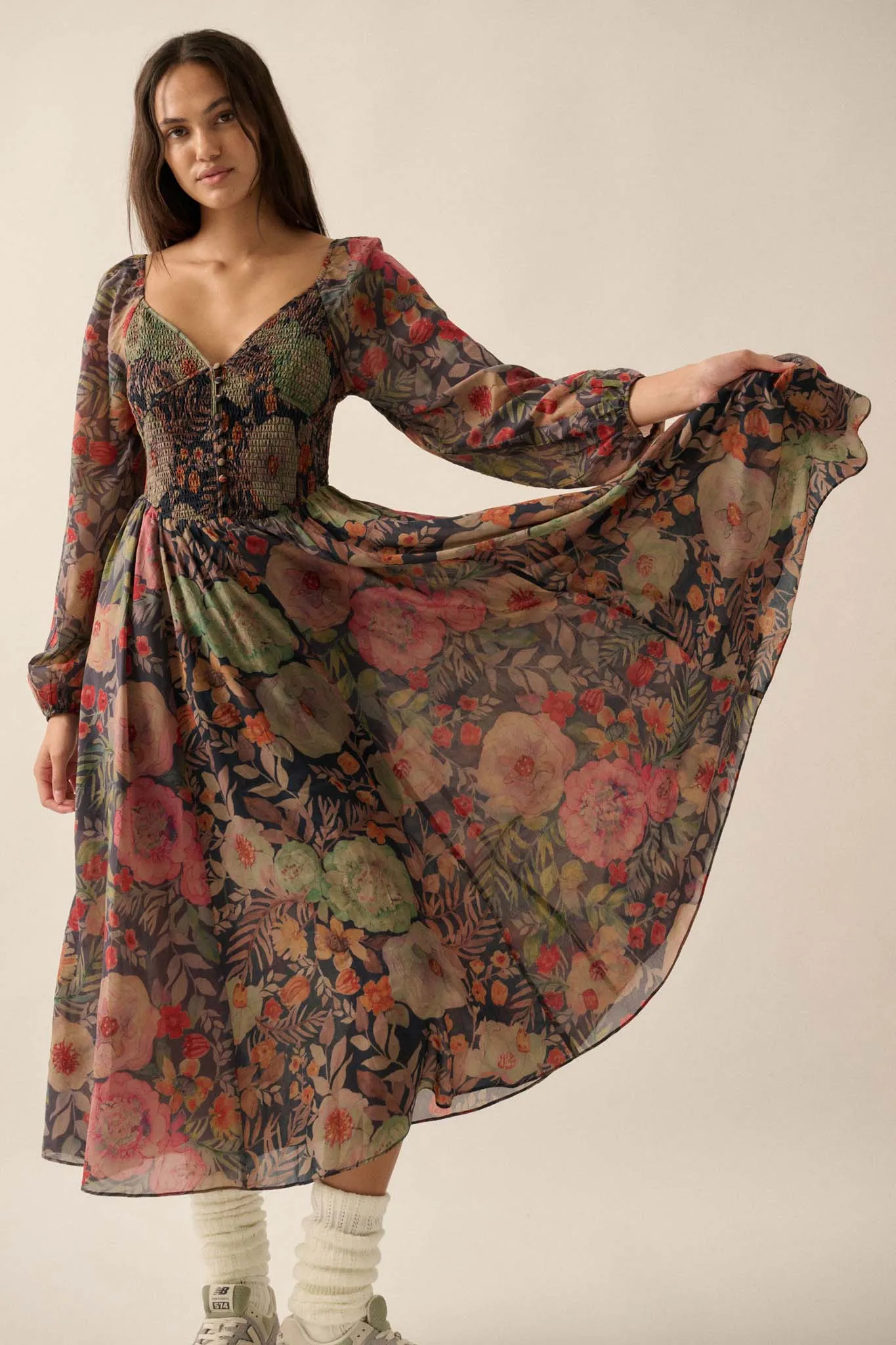 Boho Bouquet Smocked Floral Maxi Peasant Dress