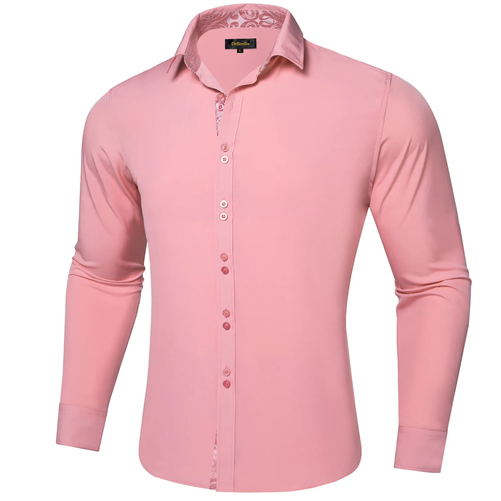 DiBanGu Mens Dress Shirt Solid Light Pink Splicing Silk Button Down Shirt