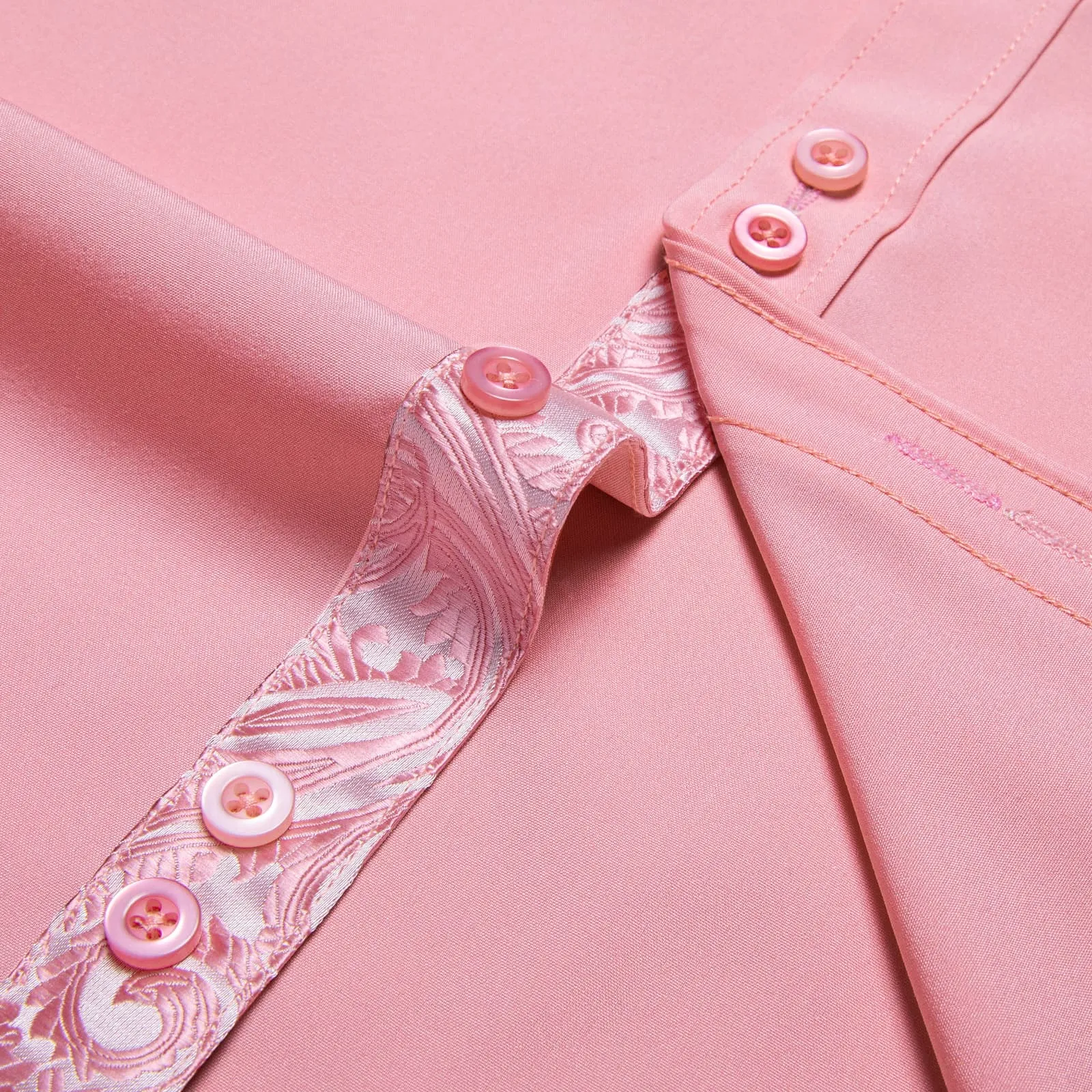DiBanGu Mens Dress Shirt Solid Light Pink Splicing Silk Button Down Shirt