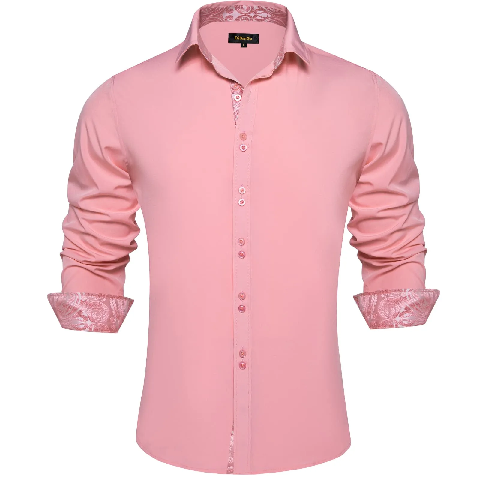 DiBanGu Mens Dress Shirt Solid Light Pink Splicing Silk Button Down Shirt
