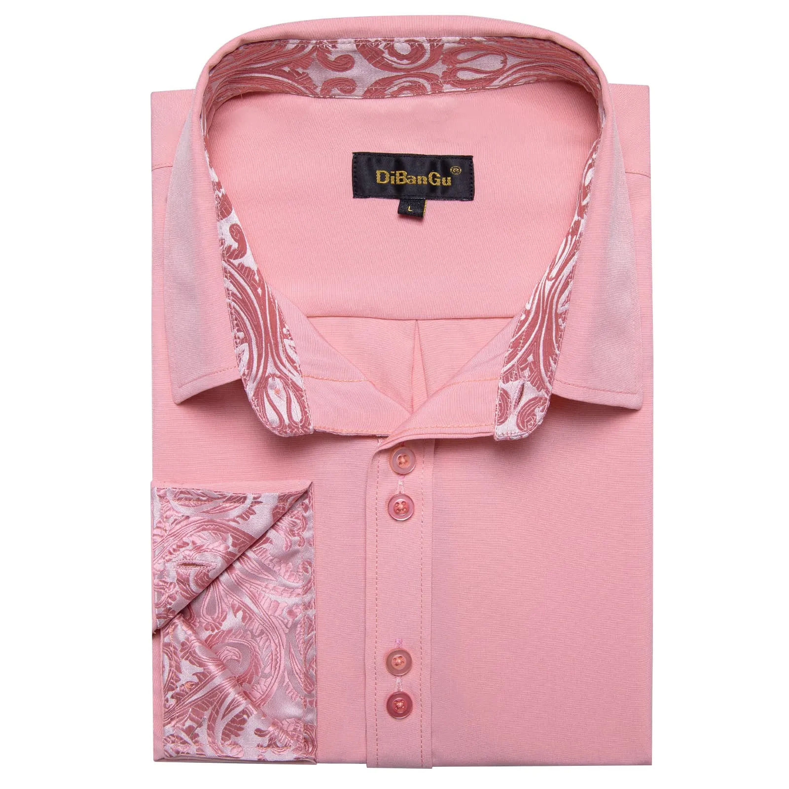 DiBanGu Mens Dress Shirt Solid Light Pink Splicing Silk Button Down Shirt