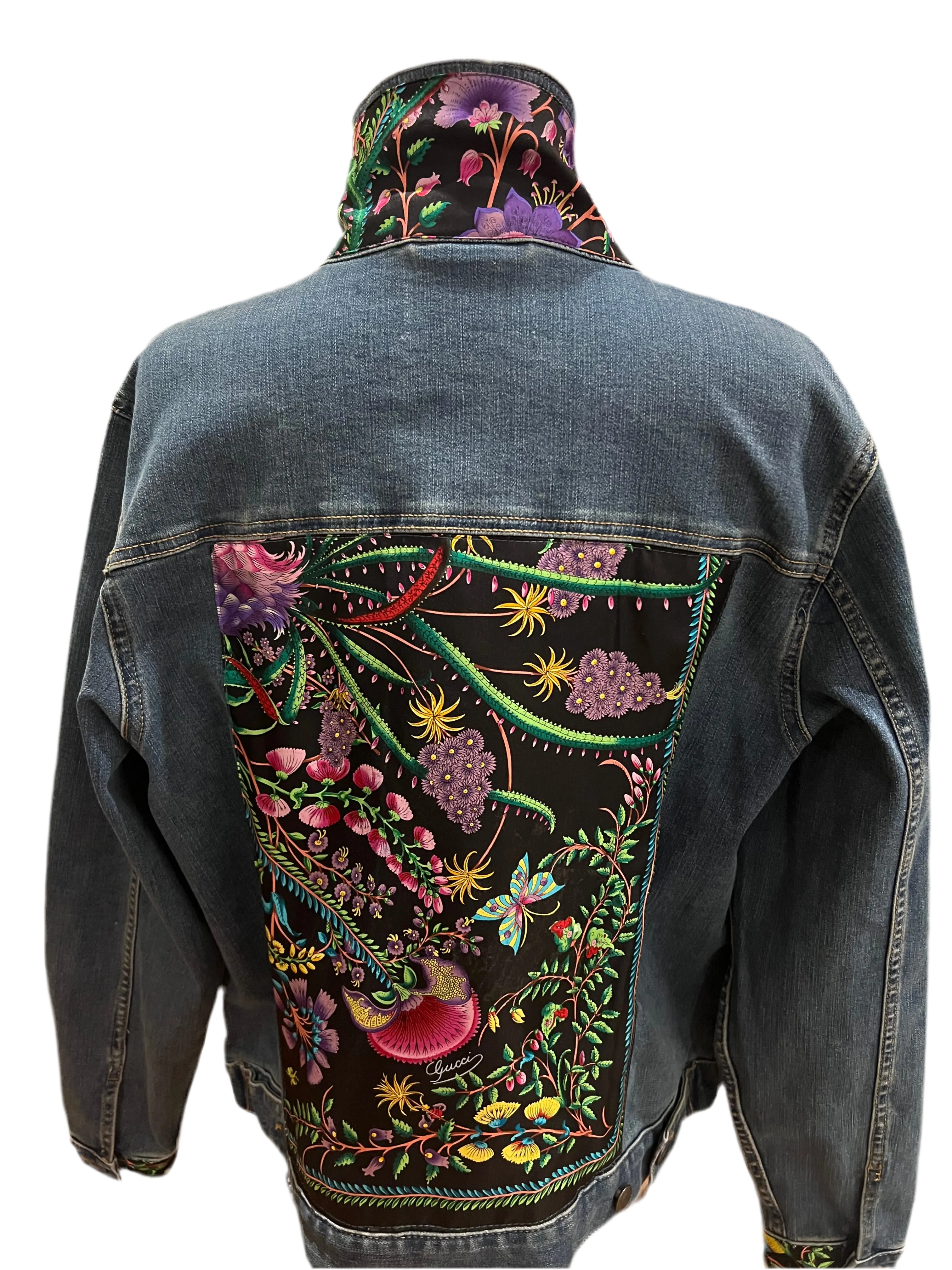 GG Designer Botanical Black Scarf on Blue Denim Jacket