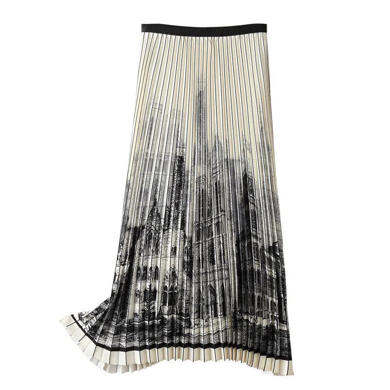 Heavy Industry Black White Printed Pleated Skirt Women Summer Thin Hepburn High Waist A line Umbrella Skirt