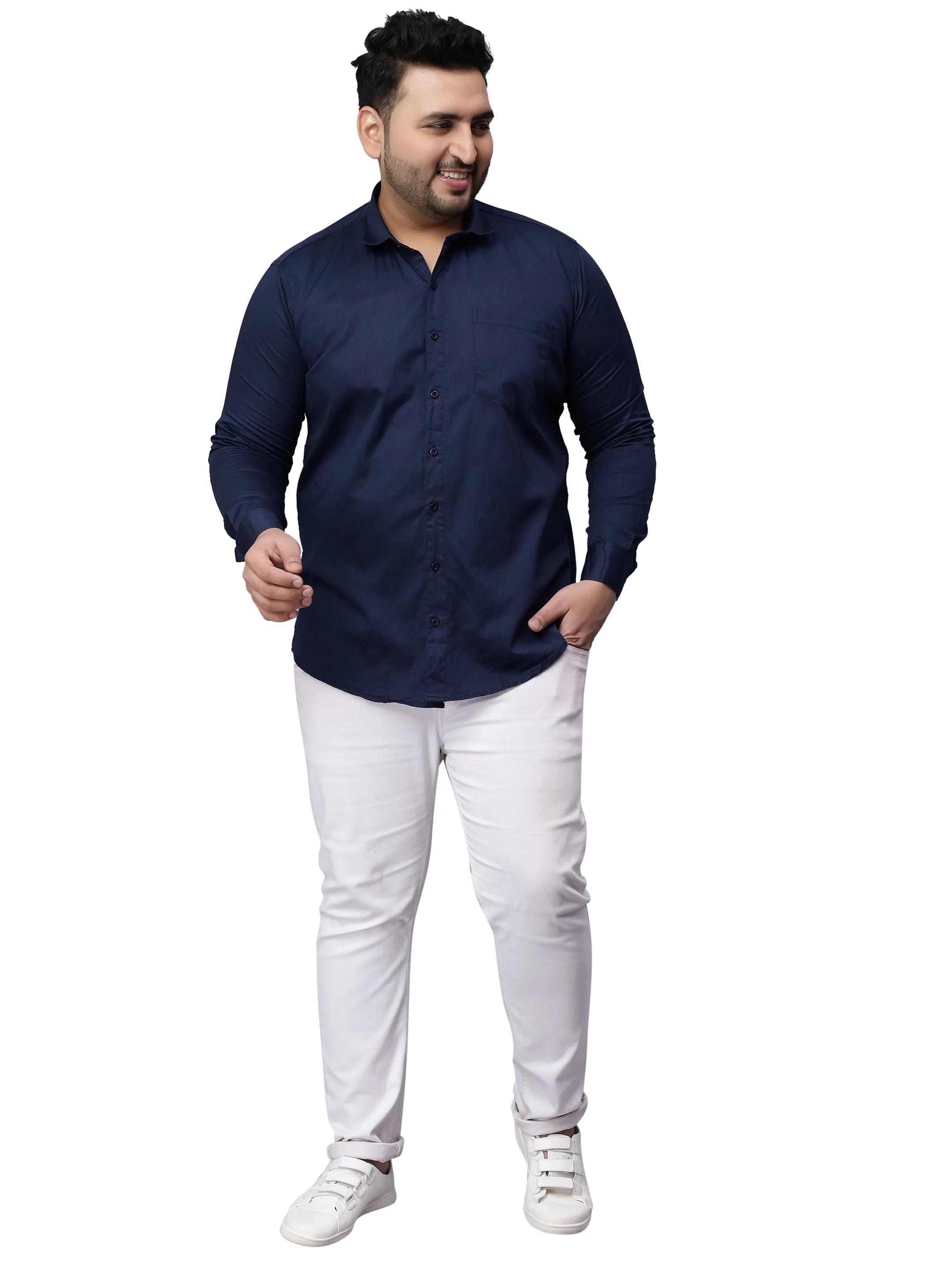 Navy Blue Solid Cotton Plus Size Shirt