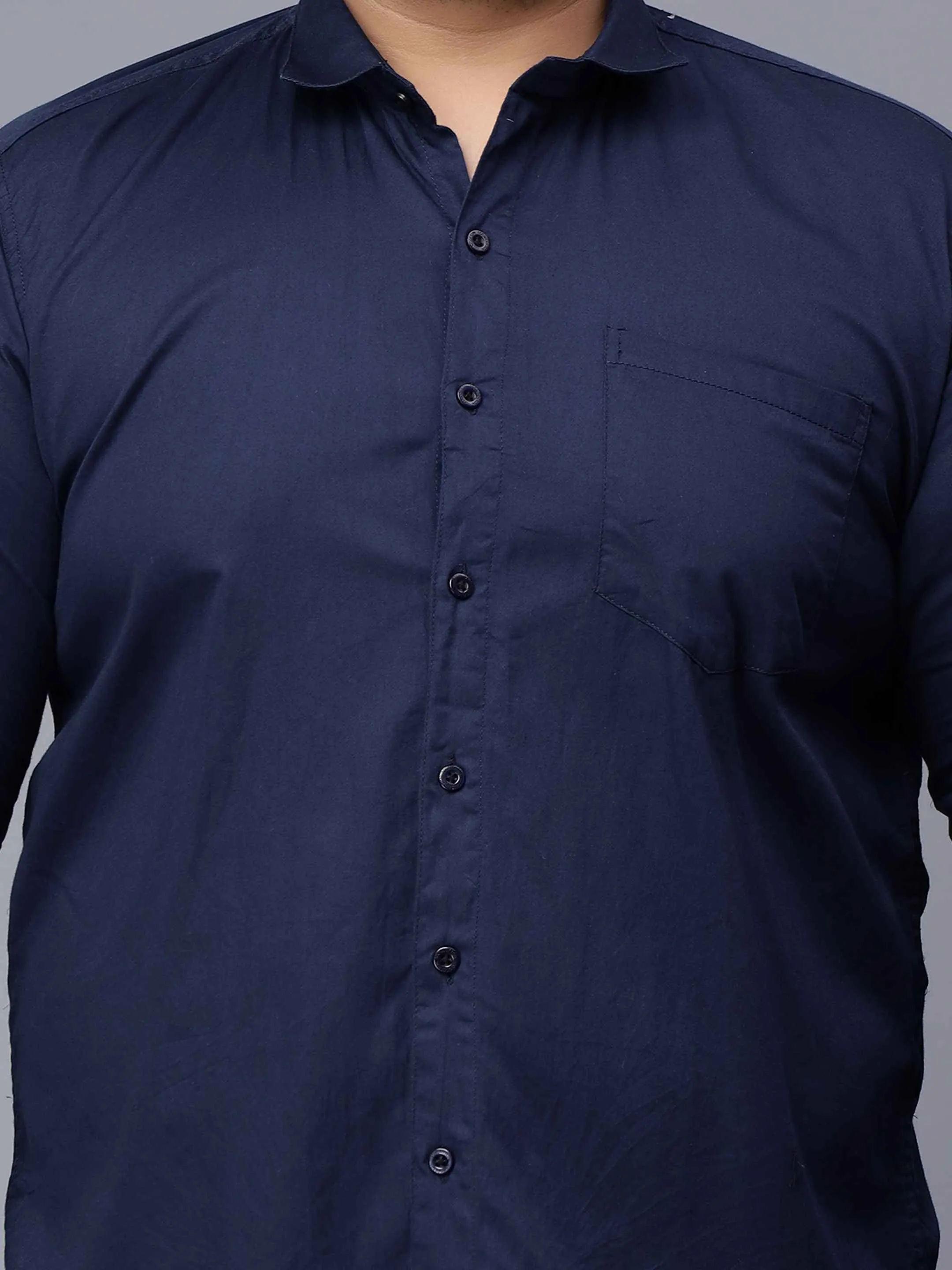 Navy Blue Solid Cotton Plus Size Shirt