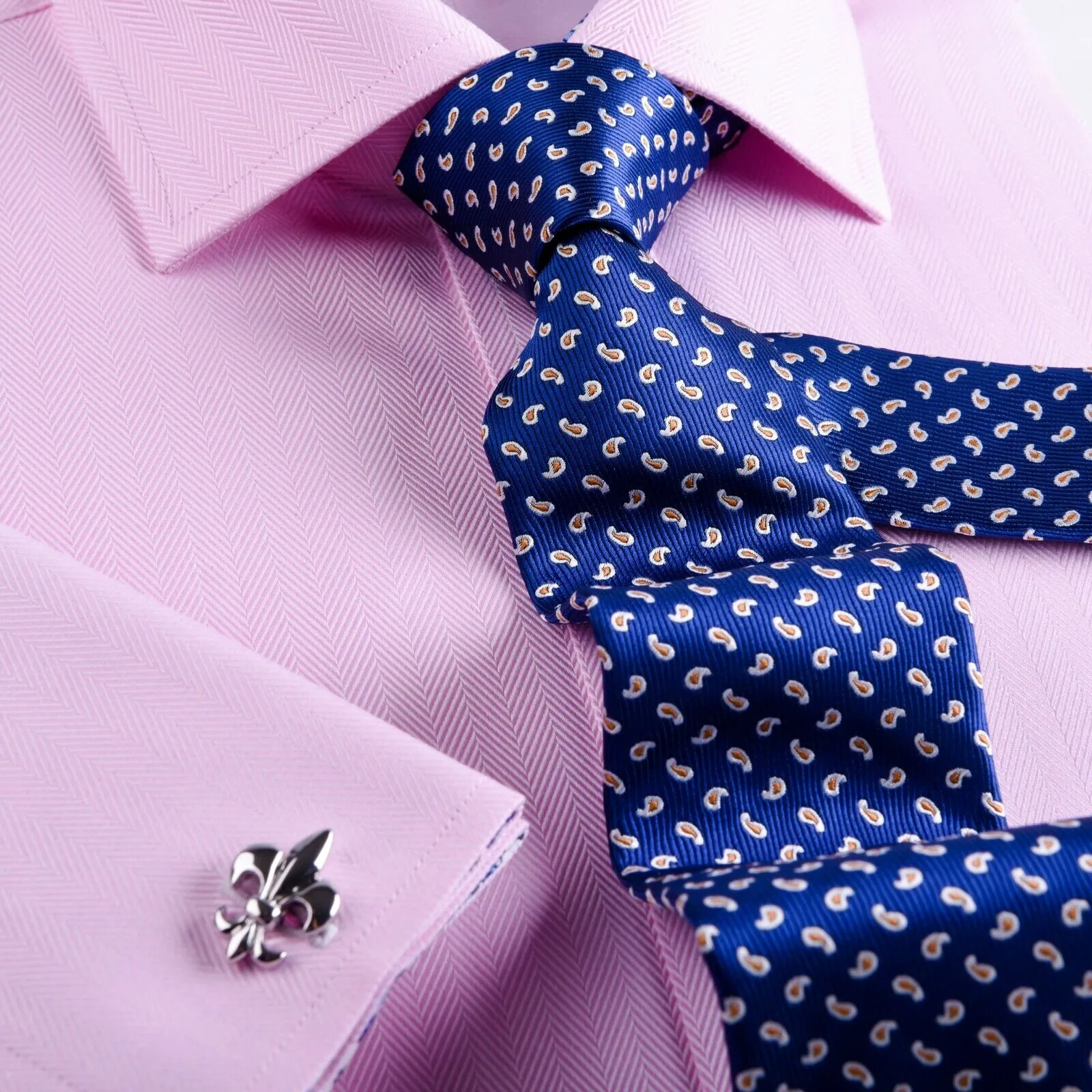 Pink Herringbone With Blue Paisley Inner Lining French Cuffs