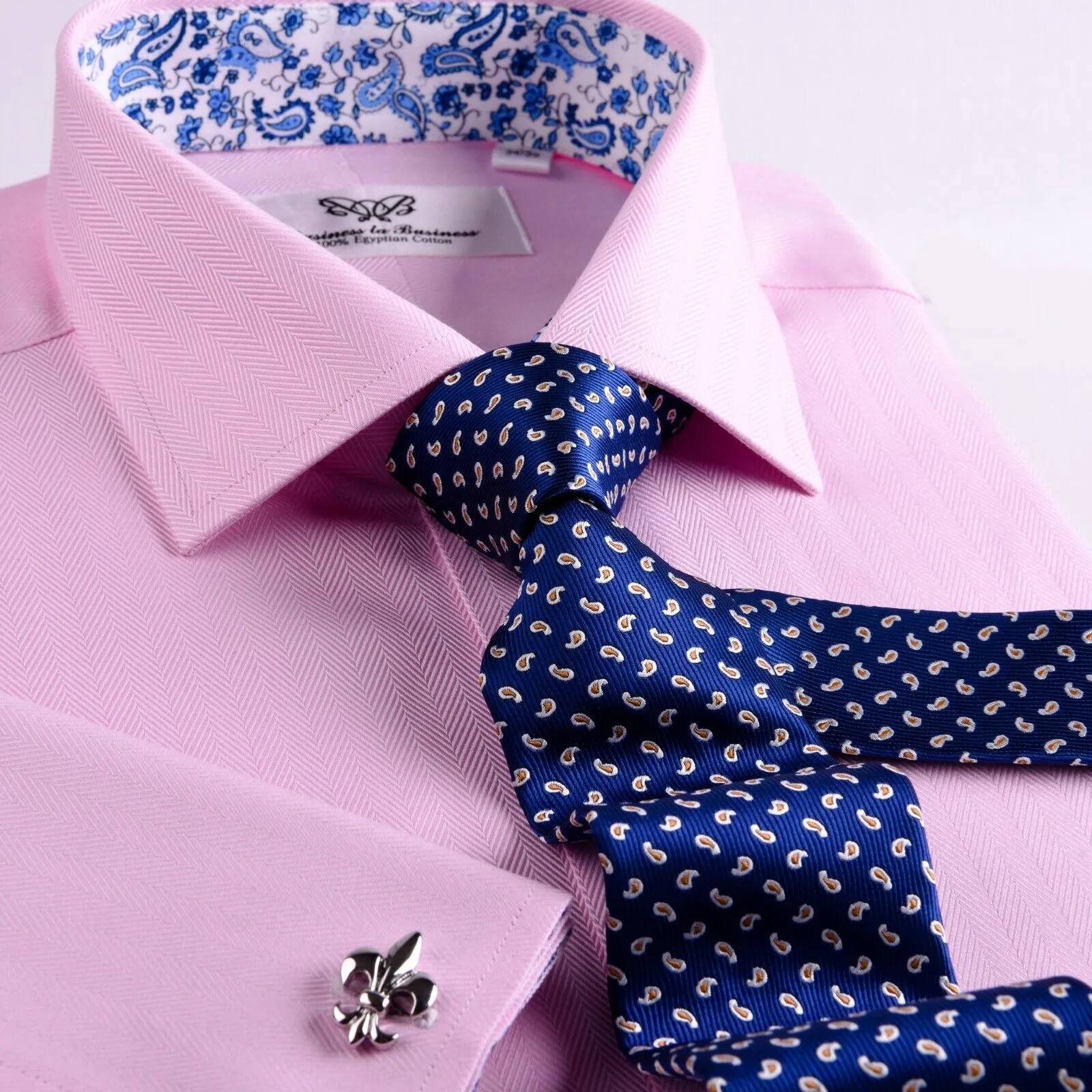 Pink Herringbone With Blue Paisley Inner Lining French Cuffs
