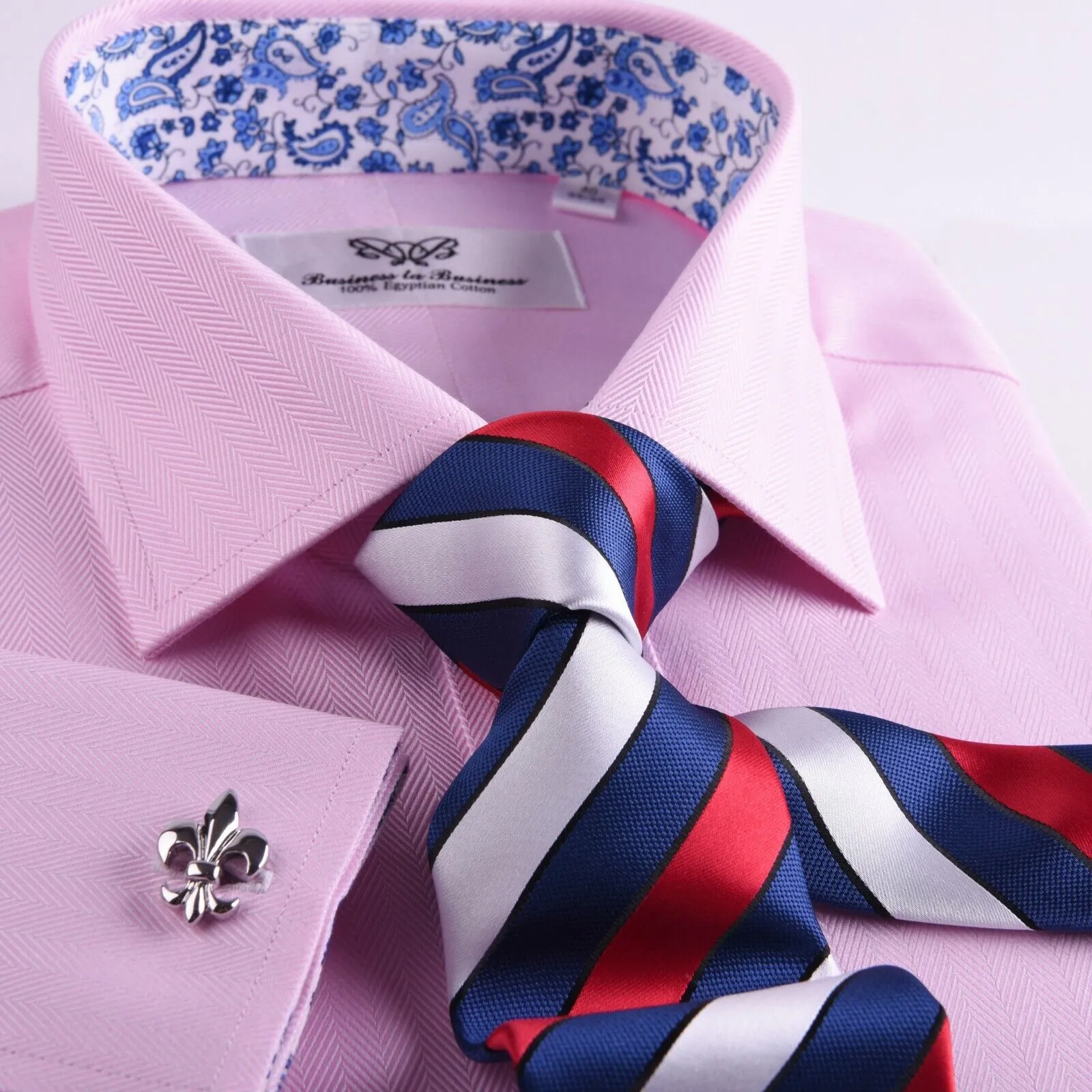 Pink Herringbone With Blue Paisley Inner Lining French Cuffs