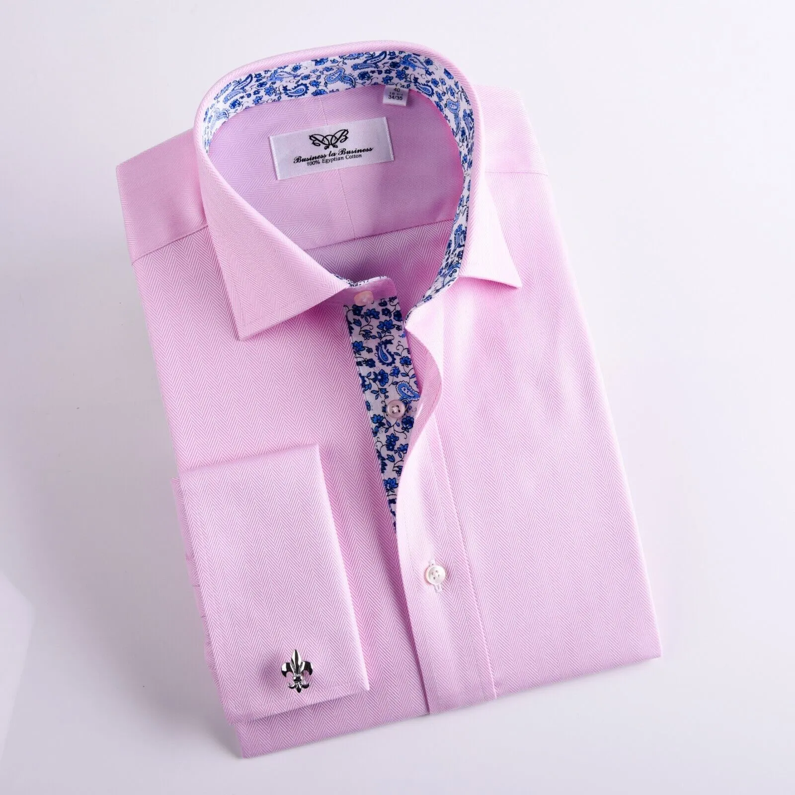 Pink Herringbone With Blue Paisley Inner Lining French Cuffs