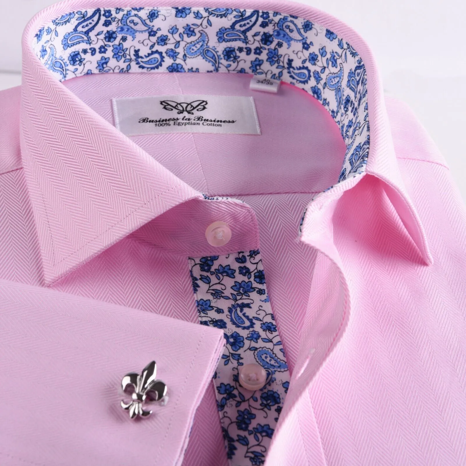 Pink Herringbone With Blue Paisley Inner Lining French Cuffs
