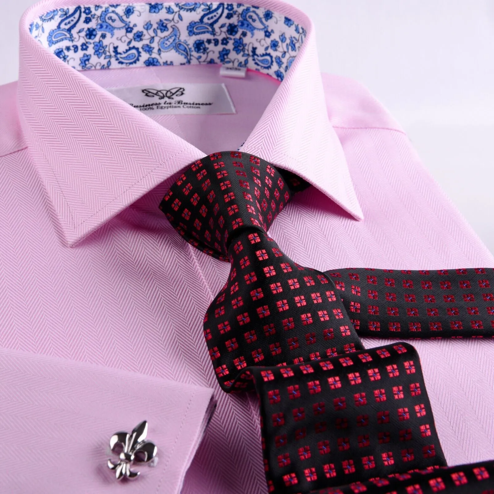 Pink Herringbone With Blue Paisley Inner Lining French Cuffs