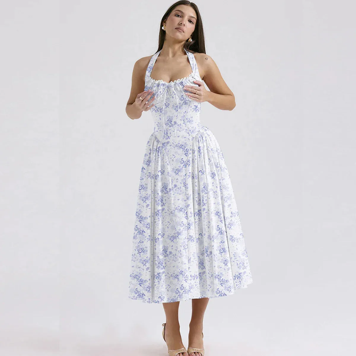 Sexy Backless Maxi 2024 Halter Floral Women Print Vintage Dress Dress