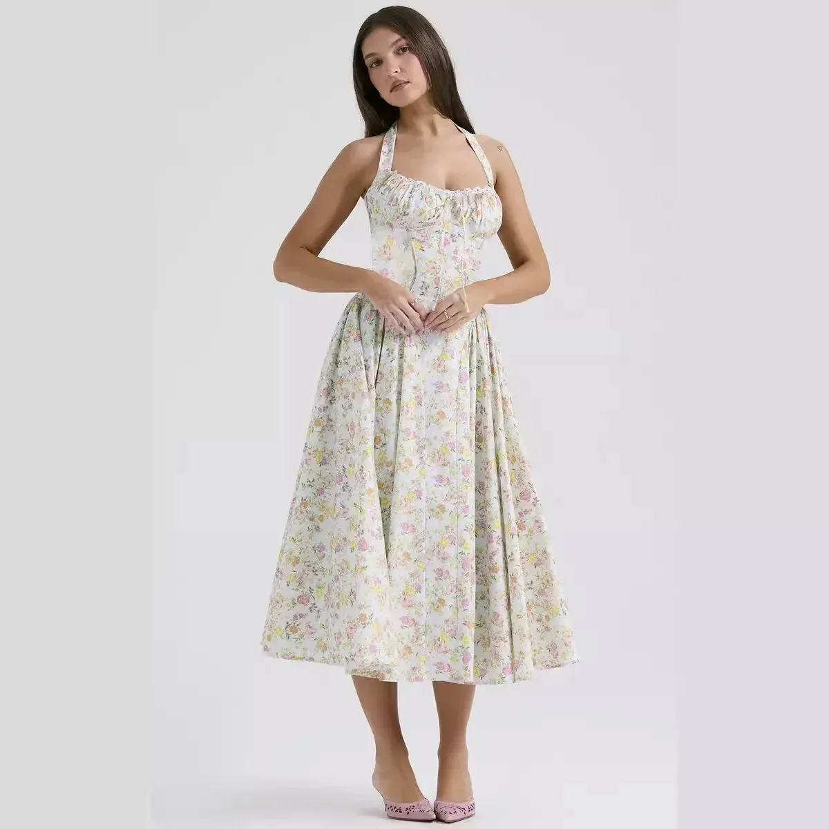 Sexy Backless Maxi 2024 Halter Floral Women Print Vintage Dress Dress