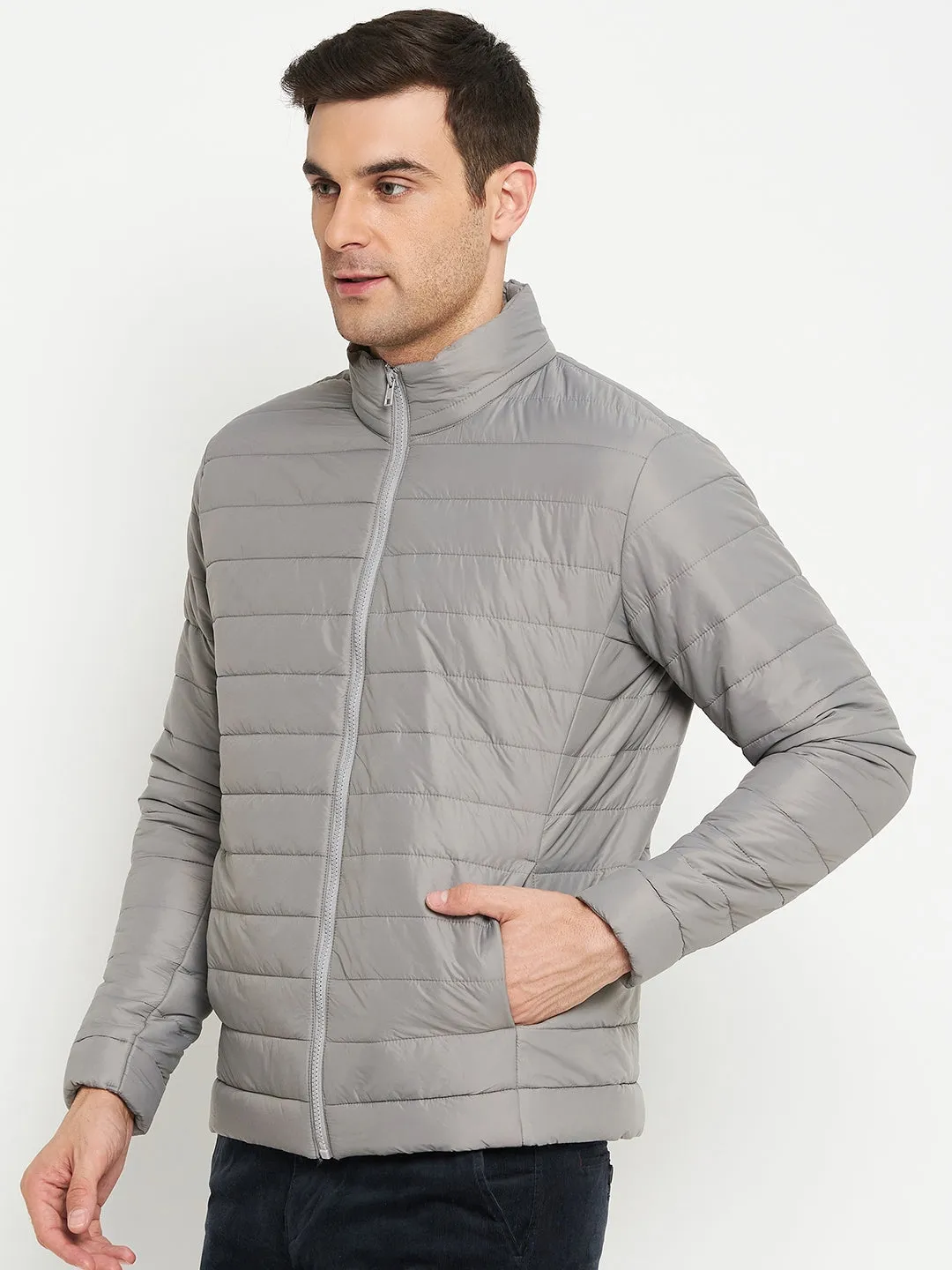 Solid Grey Full Sleeves Mock Collar Regular Fit Casual Jacket for Men