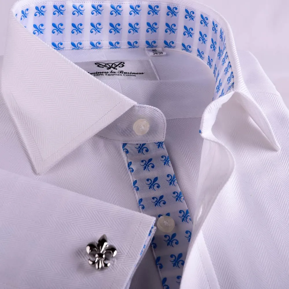 The White Herringbone Formal Business Dress Shirt Blue Fleur-De-Lis Fashion