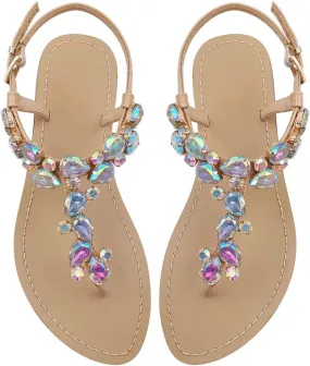 Women's Rhinestone Flat Sandals, Women Flip Flops with Clip Toe RingBeadeed Rhinestone Crystal Jeweled Sandal Shoes for Summer Beach Oceanside Holiday Outdoor