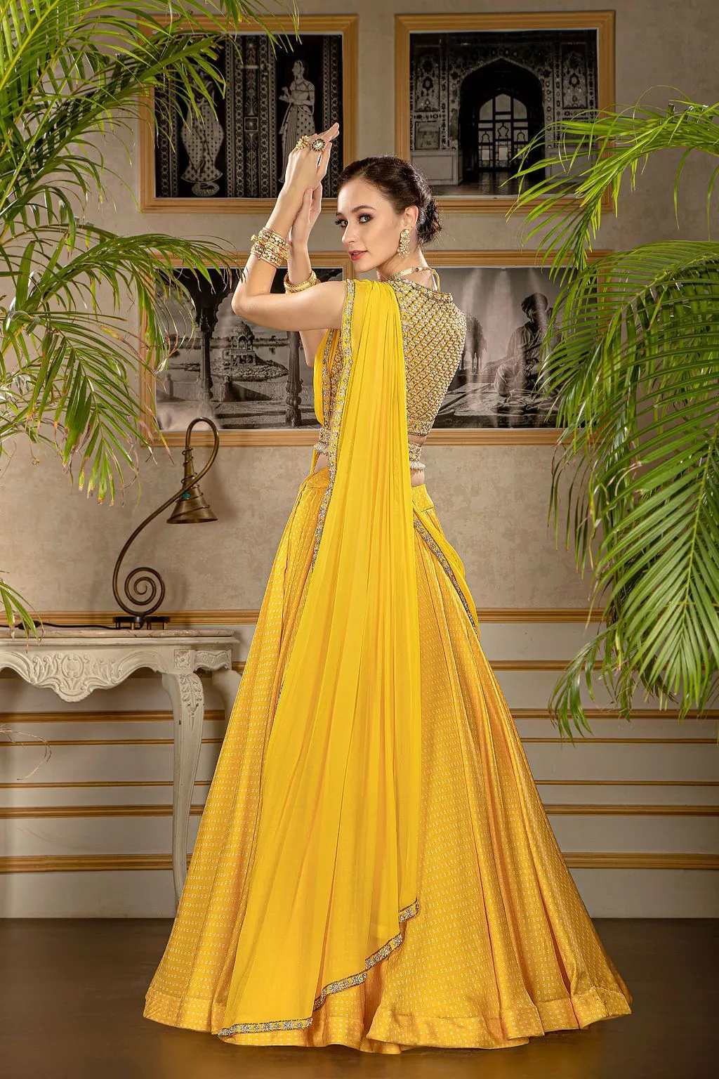 Yellow Printed Skirt with stylish blouse and belt