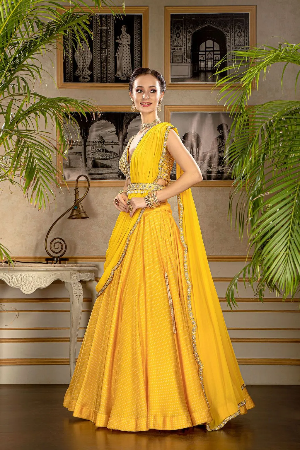 Yellow Printed Skirt with stylish blouse and belt