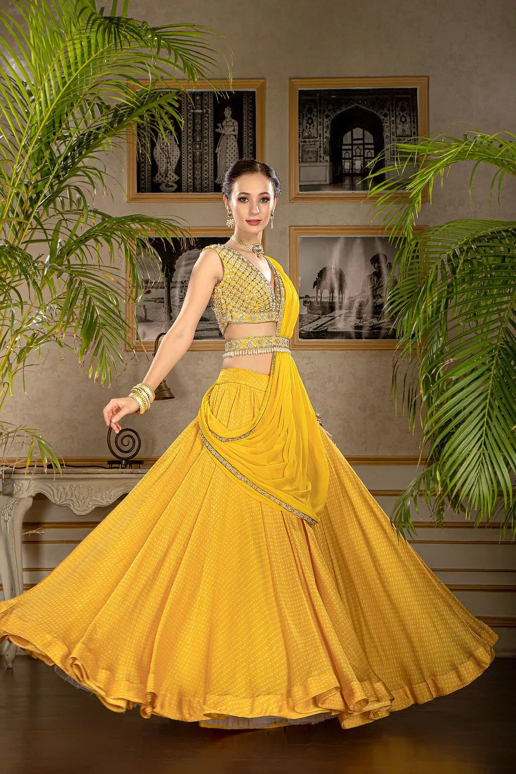 Yellow Printed Skirt with stylish blouse and belt