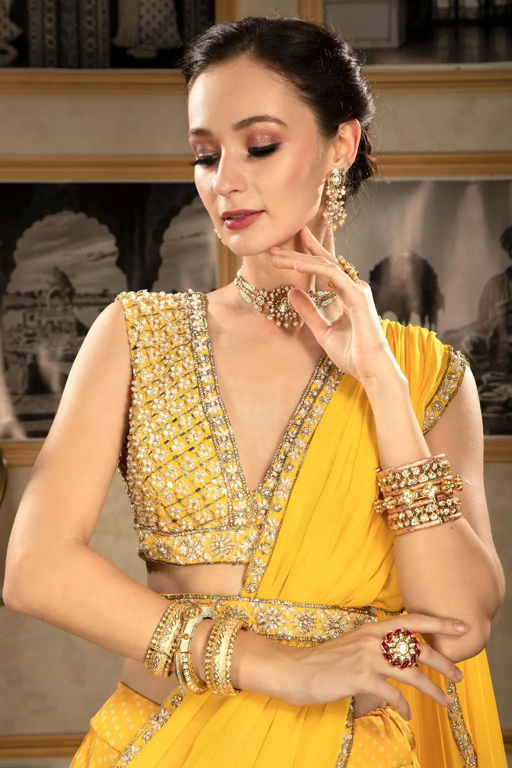 Yellow Printed Skirt with stylish blouse and belt