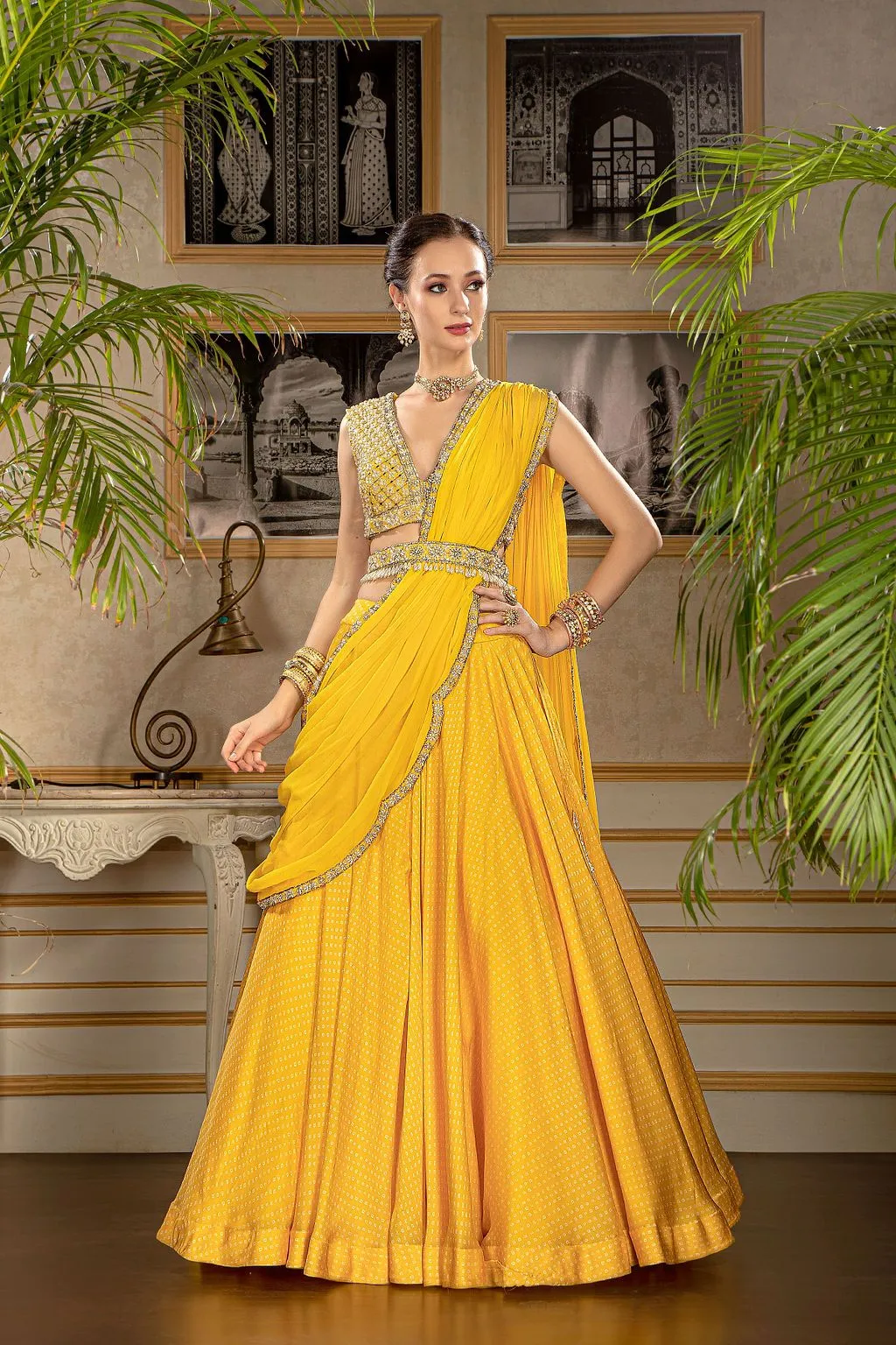 Yellow Printed Skirt with stylish blouse and belt